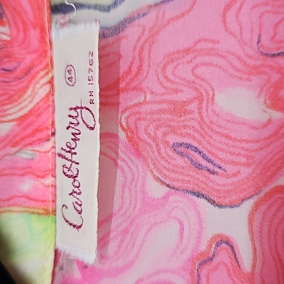 Vtg Carol Henry 70s Vibrant Marbled Sheer Button Up, LS, Large, Pink Blue Orange - Picture 7 of 10